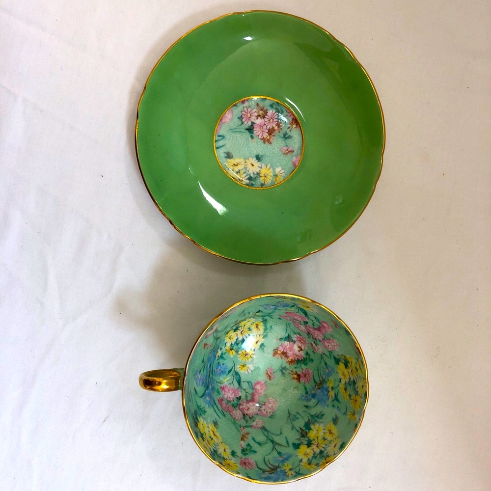 Shelley Chintz Melody Fine Bone China Green Tea Cup Saucer Gold Edge England - Picture 4 of 12